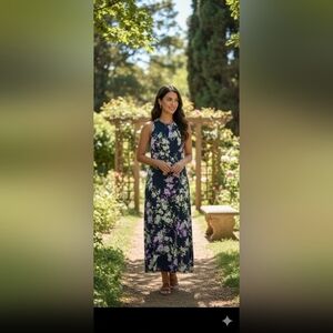 London Times Empire Waist Fit & Flare Midi Dress Size 14 Navy Floral (EUC)